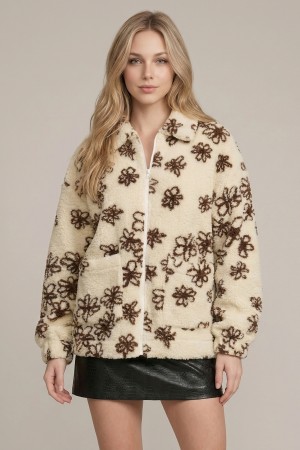 10855J<br/>FLORAL FLEECE COLLARED ZIP UP JACKET