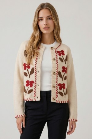 10871J<br/>Button-Front Floral Jacquard Whipstitch Cardigan