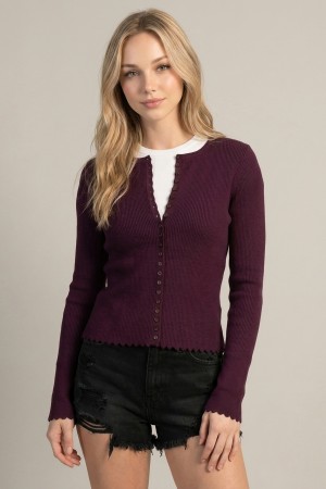 10873J<br/>Button-Front Rib Knit Round Neck Cardigan