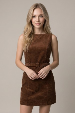 28592D<br/>CORDUROY DROP WAIST BELT MINI DRESS