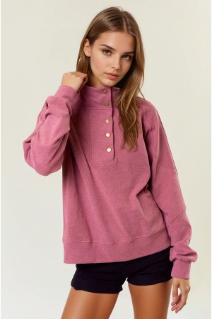 44637T<br/>BUTTERY SOFT BRUSHED KNIT MOCK NECK SWEATSHIRT W/ FRONT SNAP BUTTON