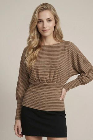 46420T<br/>SLOUCHY SHOULDER RIBBED STRIPE BLOUSON TOP