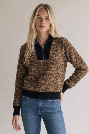 46425T<br/>BRUSHED TEXTURED KNIT AND RIB MIX HALF ZIP LONG SLEEVE TOP