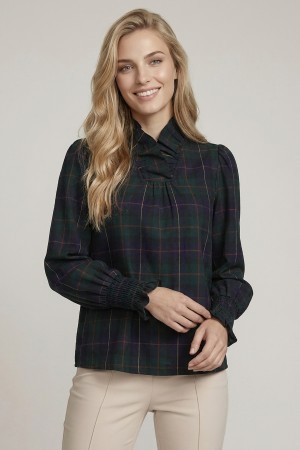 46471T-1<br/>RUFFLE TRIM V-NECK TOP WITH LONG SLEEVES AND SMOCKED CUFFS