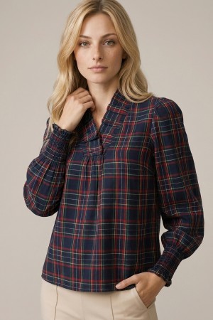 46491T-1<br/>PLAID RUFFLE BLOUSE WITH SMOCKED CUFFS AND LONG PUFF SLEEVE