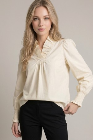 46491T<br/>RUFFLE V NECK Blouse with smocked cuffs and long puff sleeves